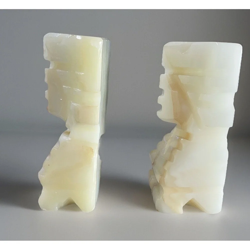 VTG Pair Carved Heavy Onyx Marble Aztec Mayan Tiki Bookends Decor 3 1/2‎ inch